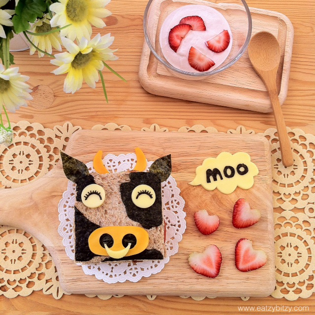 Cow, cartoon, moo moo cow, cute food, food, cute, bento, food art, kids, sandwich, sandwiches, bread, breakfast, toasts